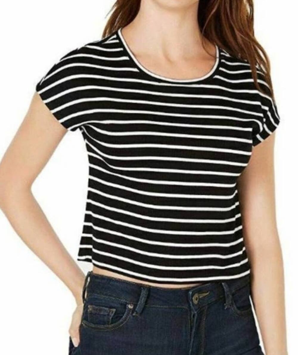 Bar III Classic Black and White Stripped Cropped T-shirt - XL